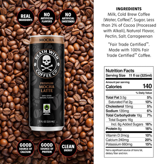 Death Wish Coffee, Iced Coffee Cold Brew, 8g Protein, Fair Trade (Mocha Latte)