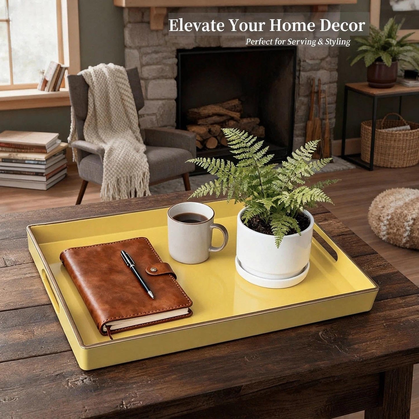 Zosenley Decorative Tray, Rectangular Plastic Tray with Handles, Modern Vanity Tray and Serving Tray for Bathroom, Kitchen, Ottoman and Coffee Table, 15.6” x 10.2” (Light Yellow)