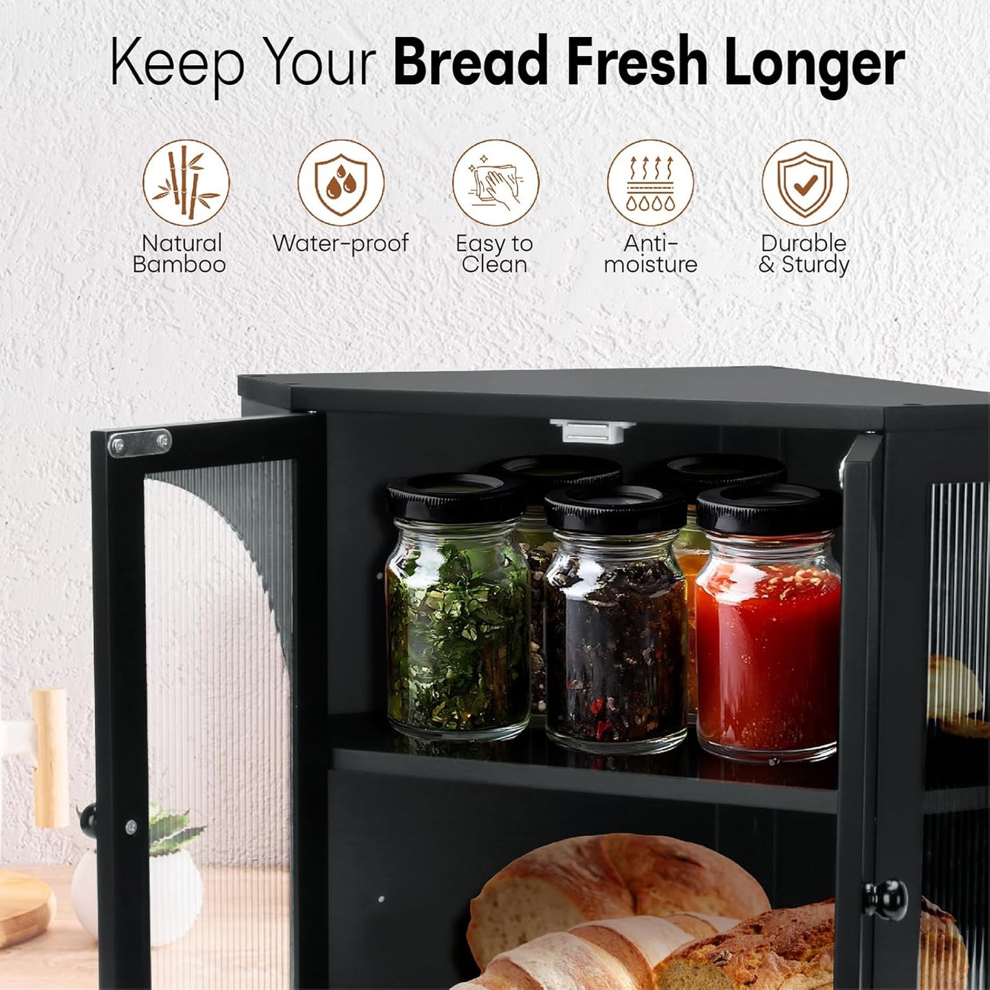 Corner Bread Box for Kitchen Countertop, Double Layer Bamboo Bread Storage Container for Homemade Bread, Large Capacity Bread Holder with 3 Adjustable Height for Counter, Breadbox Organizer