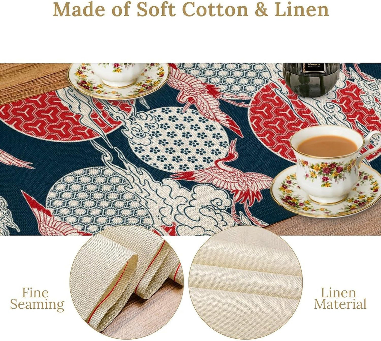 Chinese Crane Table Runner, Luxury Asian Style Oriental Line Geometry Wave Traditional Elements Blue White Table Runner for Kitchen Home Party Dinner Set, 13x120 Inch