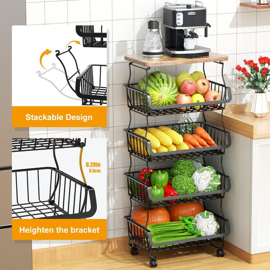 Fruit Vegetable Basket for Kitchen, 5 Tier Stackable Fruit Vegetable Storage Baskets with Wheels, Metal Wire Storage Basket Organizer Baskets for Kitchen, Pantry, Bathroom