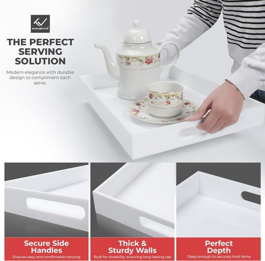 White Tray 15×10" with Cut Handles - Spill Proof Decorative Tray is an Ideal Countertop Organizer for Living Rooms, Ottoman Coffee Tables, Offices, Kitchens & Serving Guests