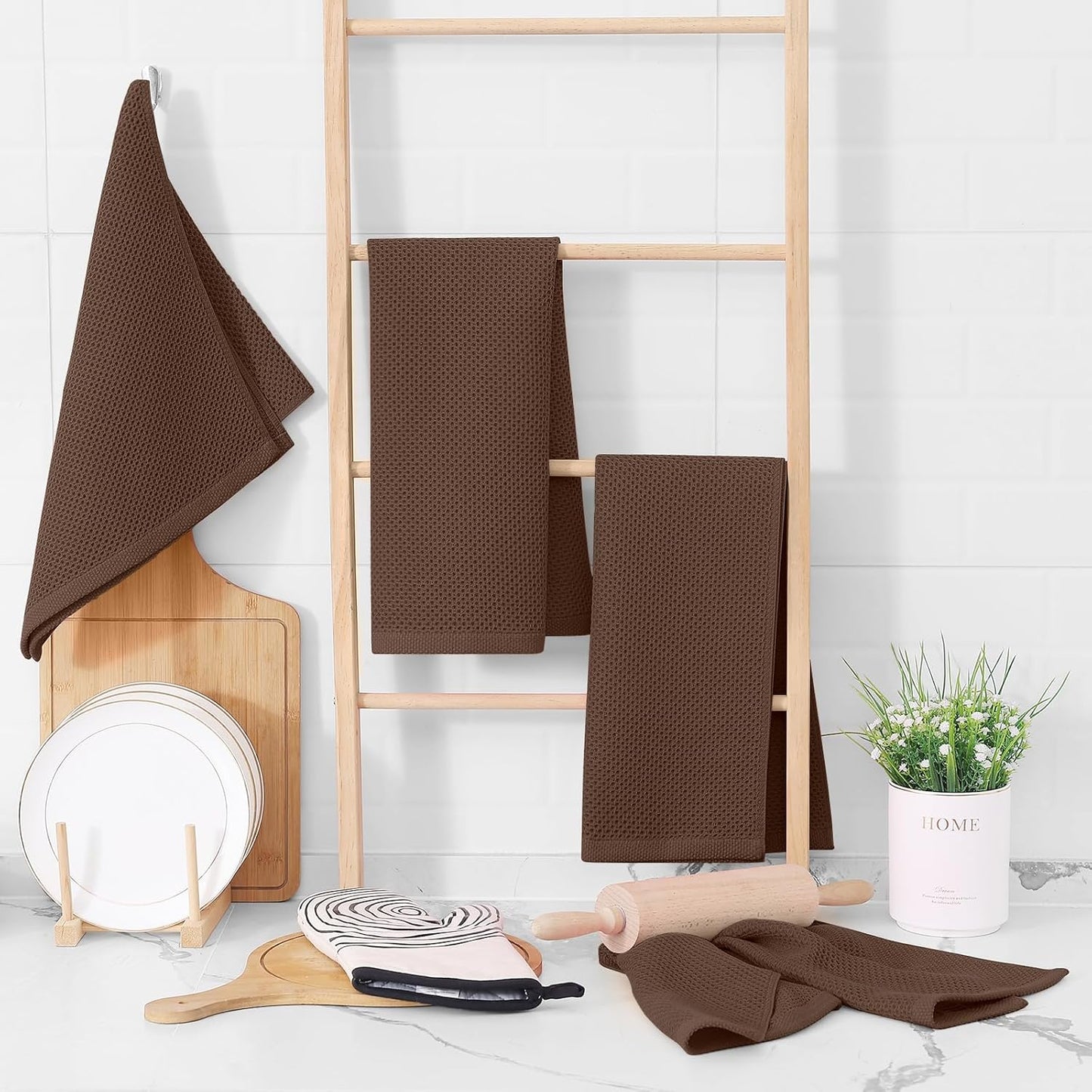 Homaxy 100% Cotton Waffle Weave Kitchen Dish Towels, Ultra Soft Absorbent Quick Drying Cleaning Towel, 13 x 28 Inches, 6-Pack, Coffee