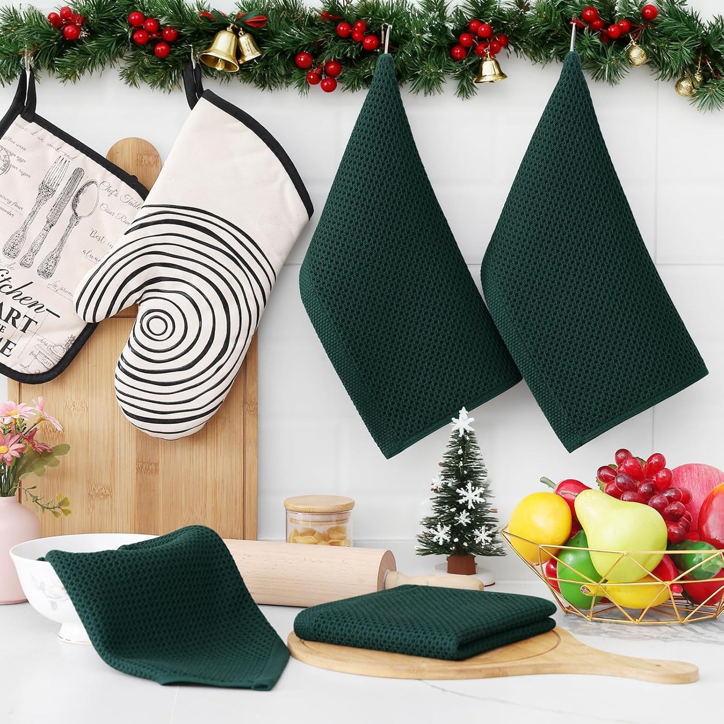 Homaxy 100% Cotton Waffle Weave Kitchen Dish Cloths, Ultra Soft Absorbent Quick Drying Dish Towels, 12 x 12 Inches, 12-Pack, Blackish Green