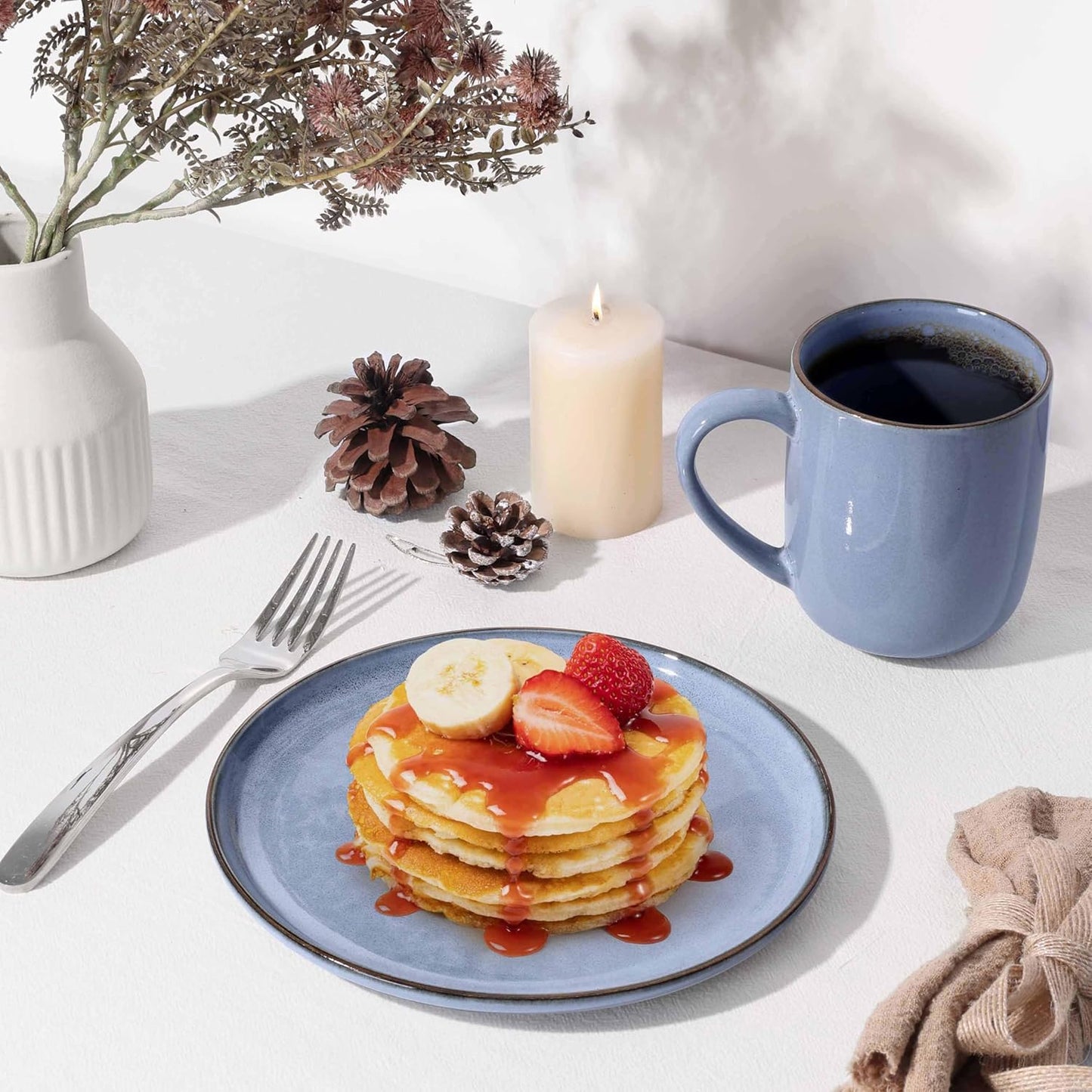 Herogo Stoneware Dinnerware Sets with Salad Bowls, Dinner Plates and Bowls Sets for 4, 16 Piece Dishware Place Setting for Kitchen, Chip & Scratch Resistant Dishware, Haze Blue