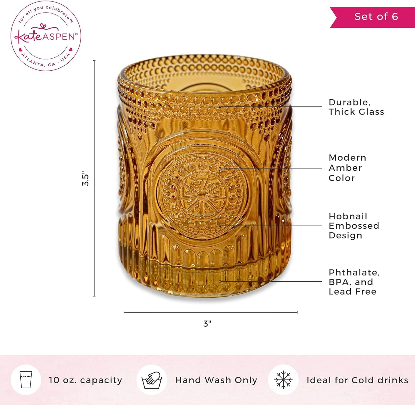 Vintage Amber Drinking Glasses Set of 6 by Kate Aspen - 10 oz Ribbed Glassware for Drinking Water, Juice, Cocktail Glasses - Ribbed Glass Cups Set, Iced Coffee Cup, Kitchen Drinkware or Home Bar