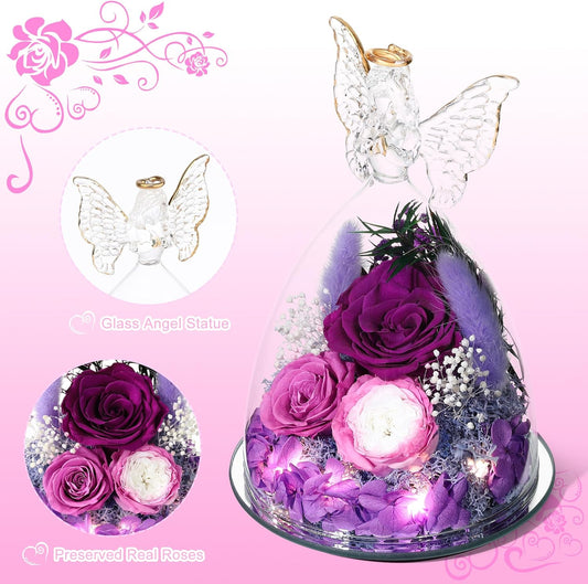 Christmas Rose Gifts for Women Preserved Real Flower in Glass Angel Figurines Roses for Delivery Prime Birthday Gifts for Mom Grandma Girlfriend Wife Her, Purple Austin Roses