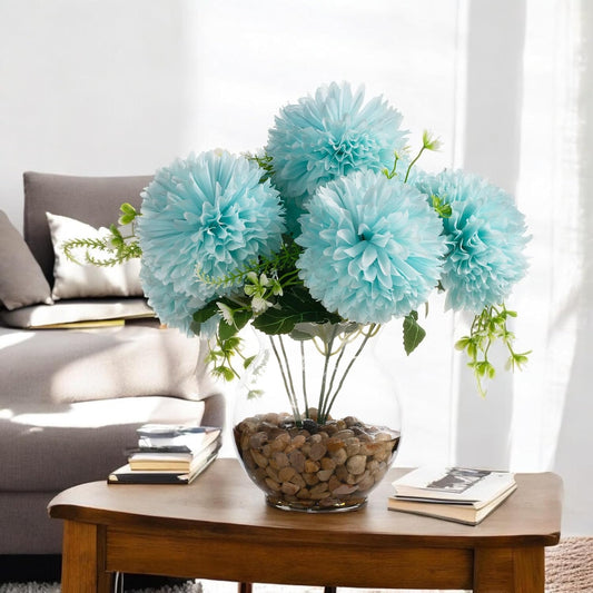 ENOVA FLORAL 7 Heads Silk Marigold Artificial Flowers in Vase,Faux Marigold Flowers Arrangement in Round Bowl Vase with Faux Water and River Rock for Table Decor Centerpieces (Marigold-Aqua)