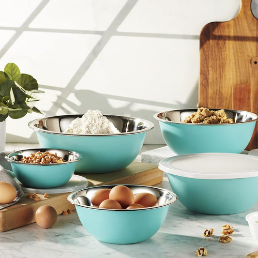 WHYSKO Stainless Steel Mixing Bowls With Lids Set, 5 Sizes Nesting Mixing Bowls for Your Kitchen Meal Prep, Cooking, Baking, and Food Storage (Blue Bowls with White Lids)