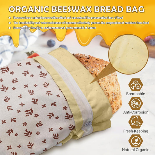 Large Linen Beeswax Bread Bags(2 Pack) Sourdough Bread Bags Reusable Double-Lock Freezer Baking Container Gift Giving for Homemade,Loaf,Sourdough,Food Storage (Flowers 1)