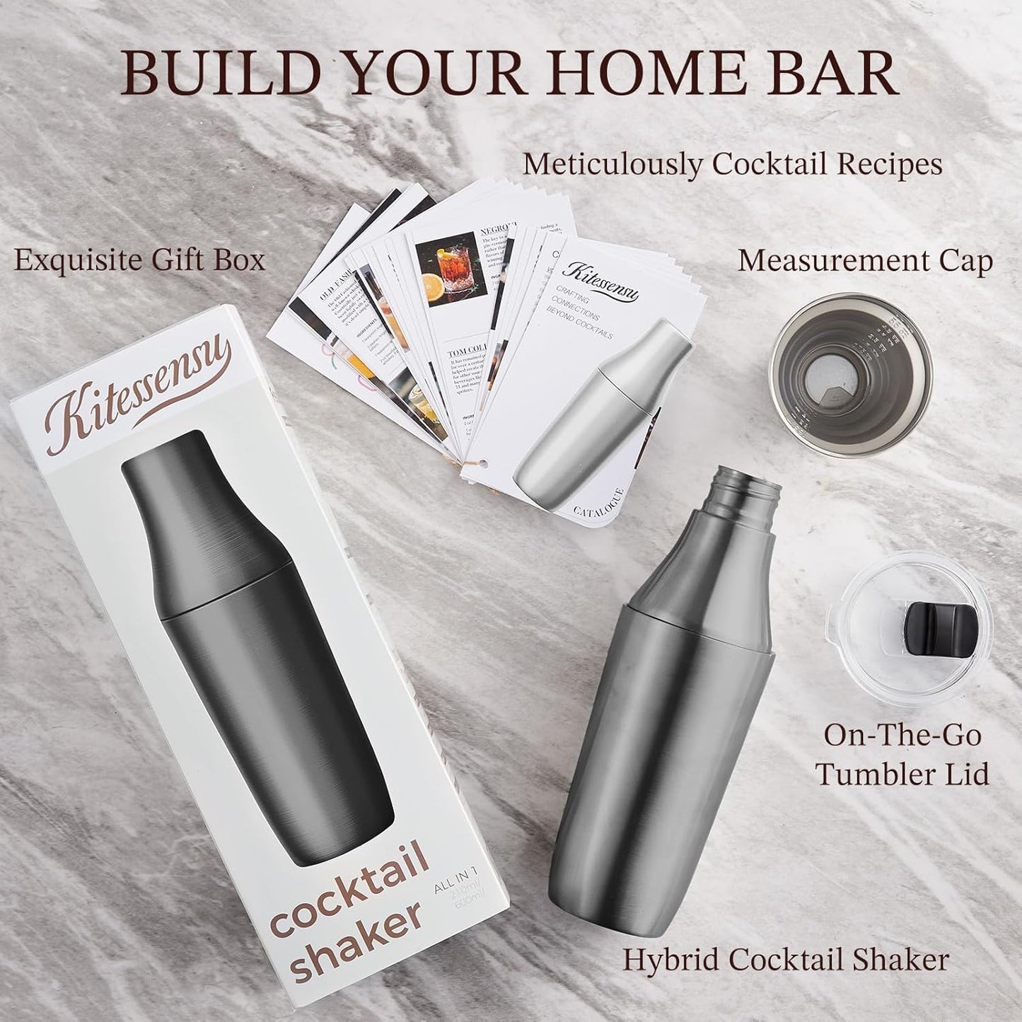 Kitessensu Hybrid Cocktail Shaker | Vacuum Insulated Stainless Steel Martini Shaker with Double Wall Martini Cup | Integrated Measuring System | Tumbler Lid & Cocktail Recipes Included | Matte Black