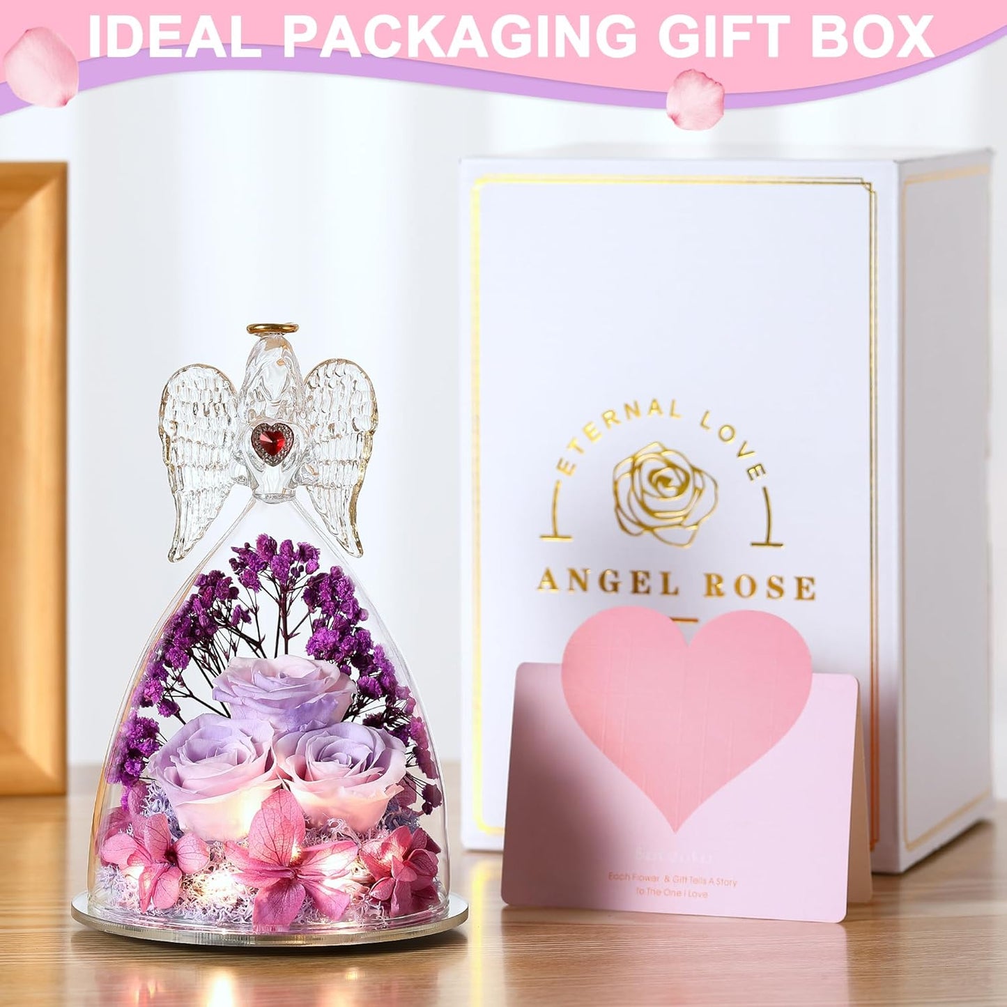 Mothers Day Rose Gifts for Women, Large Angel Figurines with Real Roses, Preserved Real Flower Rose for Her, PinkPurPur