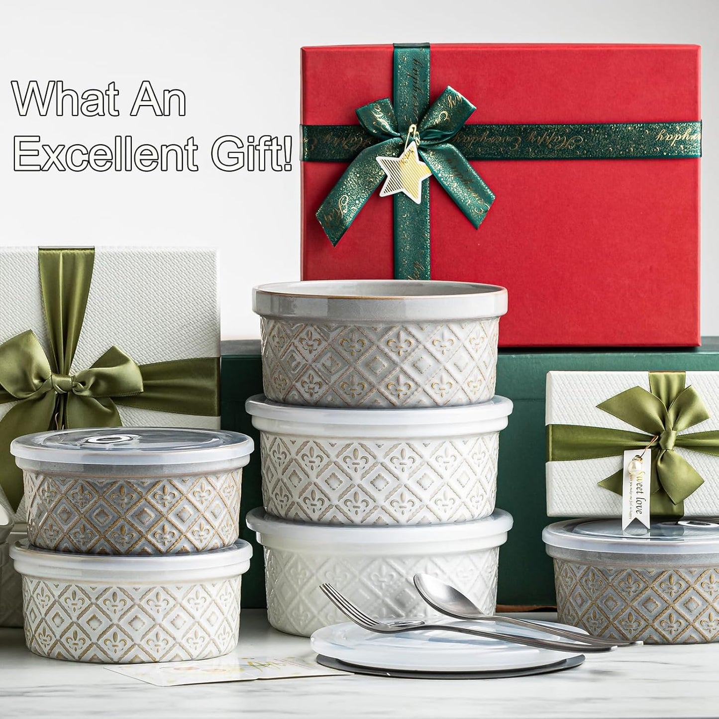 Ceramic Bowls with Lids set of 4, Soup Bowls, 28 oz Charcuterie Bowls Set for Kitchen, Food Storage Container Bowls Dishwasher & Microwave Safe for Salad, Pasta, Snack, Oatmeal, Fruit, Grey