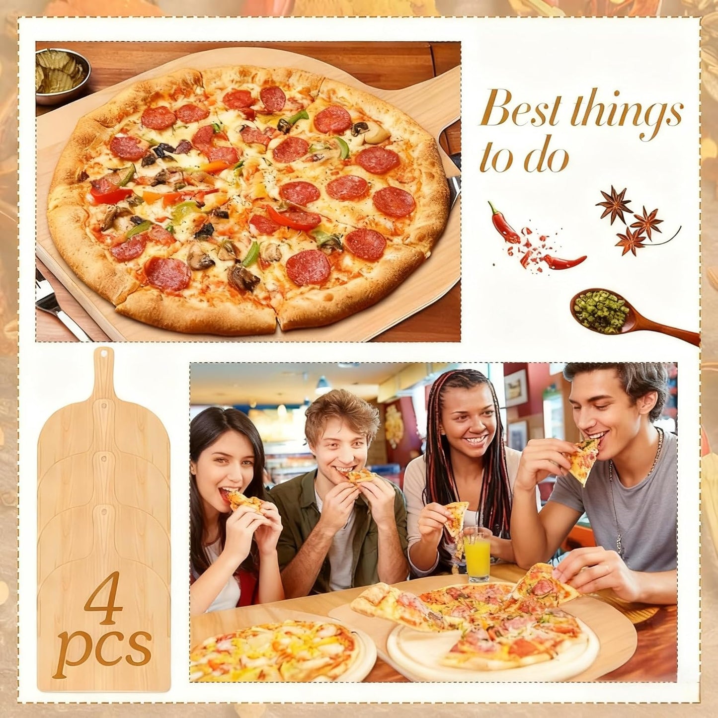 Wooden Pizza Peel, 4 Pack Pizza Serving Board with Handle for Baking, Cutting, Serving Pizza & Bread in Kitchen