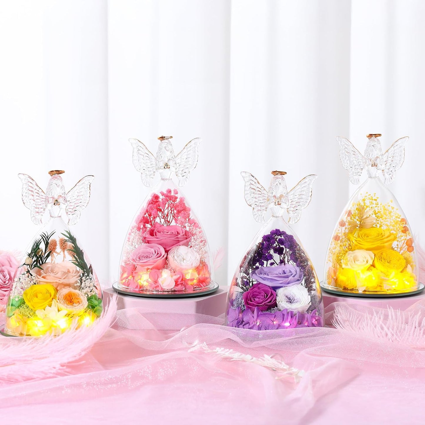 Christmas Rose Gifts for Women Preserved Real Flower in Glass Angel Figurines Roses for Delivery Prime Birthday Gifts for Mom Grandma Girlfriend Wife Her, Champagne Austin Roses