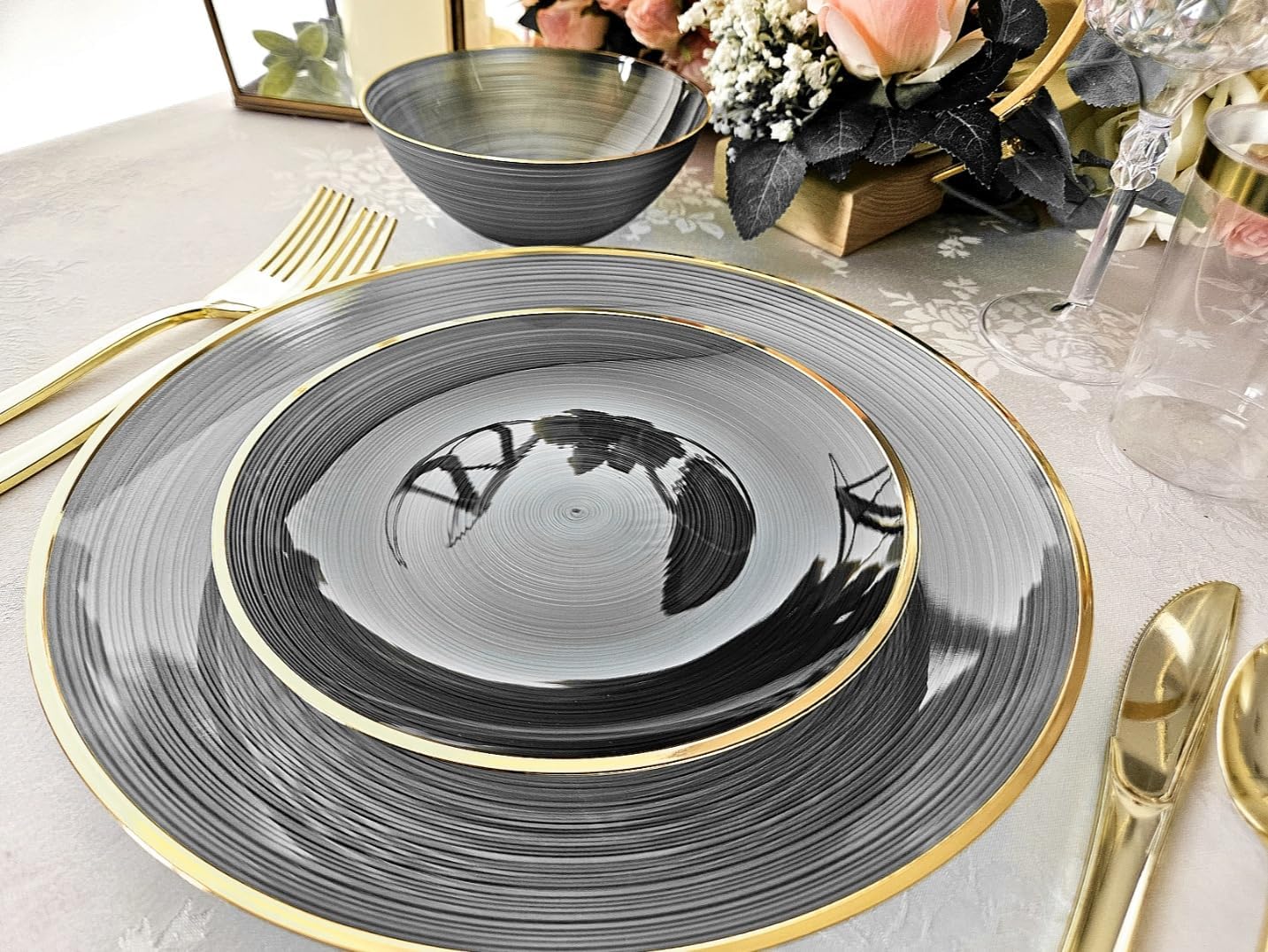 " OCCASIONS " 120 Pieces Pack,(60 Guests) Premium Wedding Party Disposable Plastic Plates Set -60 x 10'' Dinner + 60 x 7'' Salad/Dessert (Belize in Black & Gold)