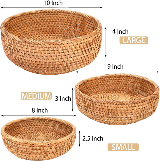 Jucoan 3 Pack Round Rattan Fruits Bread Baskets, Vintage Hand-woven Wicker Fruit Serving Baskets Bowls for Candy, Snack, Keys, Kitchen Countertop, 3 Size