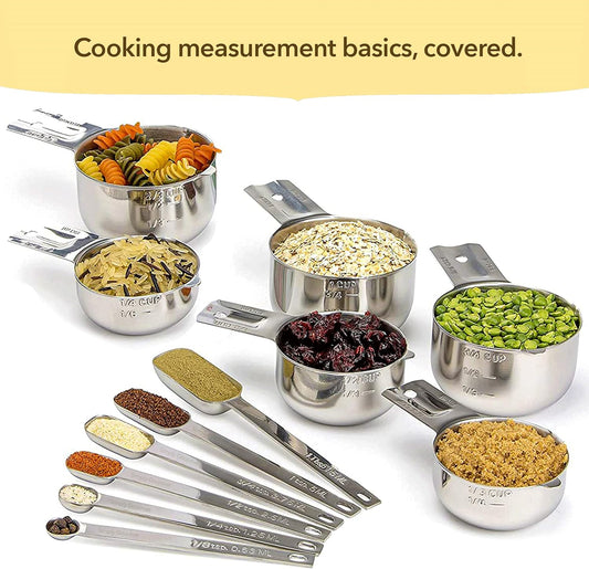Simply Gourmet Measuring Cups and Spoons Set of 12 – Stainless Steel Kitchen Gadgets – Stackable Design with Long Handle Spoons – Fits in Jars – Cooking & Baking Measuring Set for Dry & Liquid