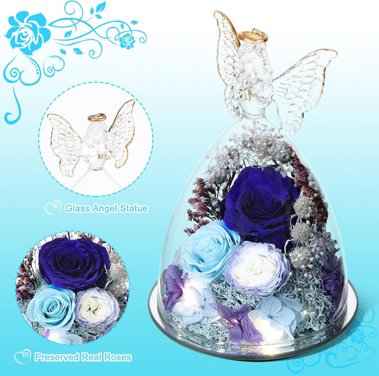 Christmas Rose Gifts for Women Preserved Real Flower in Glass Angel Figurines Roses for Delivery Prime Birthday Gifts for Mom Grandma Girlfriend Wife Her,Blue Austin Roses