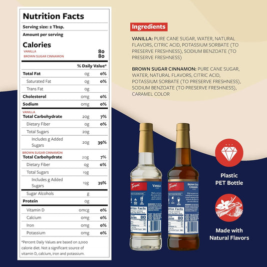 Torani Syrups, Brown Sugar Cinnamon and Vanilla Syrup Variety 2-Pack, Coffee Syrups for Drinks, Pumps Included, 25.4 Fl Oz Ea