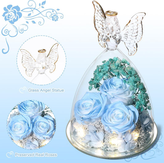 Christmas Rose Gifts for Women Preserved Real Flower in Glass Angel Figurines Roses for Delivery Prime Birthday Gifts for Mom Grandma Girlfriend Wife Her, Sky Blue White