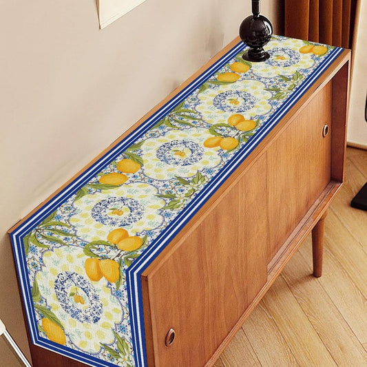Lemon Tiles Table Runner, Summer Fruit Yellow Lemon Mediterranean Ceramic Watercolor Farmhouse Table Runner for Coffee Table Home Party Kitchen Dining Table Wedding Party Decor 13x72