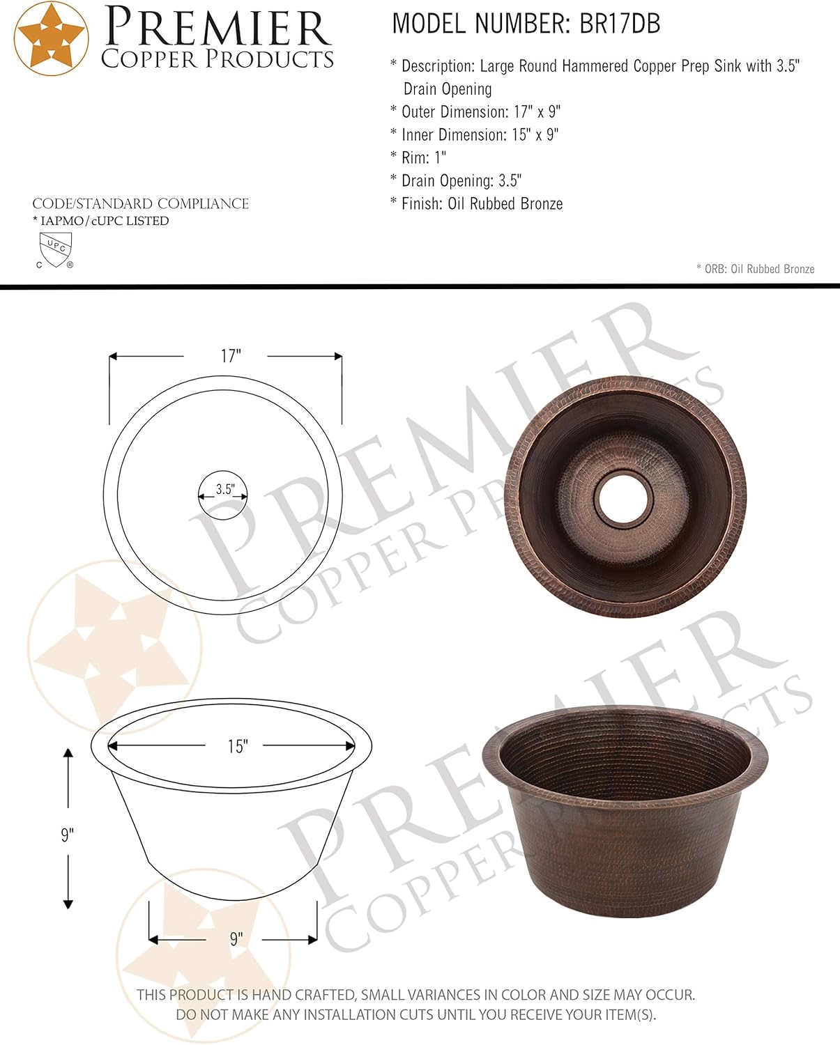 Premier Copper Products BR17DB 17-Inch Round Hammered Copper Prep Bar Sink