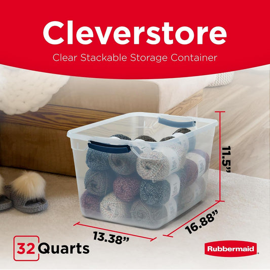 Rubbermaid Cleverstore Clear 32 Qt, 6 Pack Stackable Plastic Storage Bins with Lids, Great for Closet and Laundry Storage, Organizing in the Home