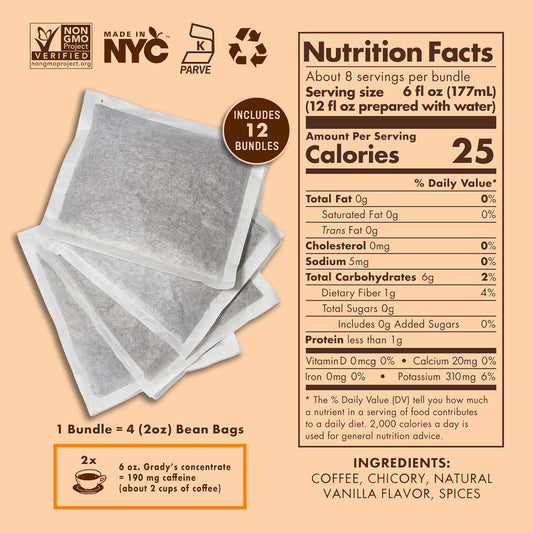 GRADY’S COLD BREW, French Vanilla, 100% Arabica Ground Coffee & Chicory Pouches, 12 Bundles of 4 Easy-to-Brew Bean Bags, Makes 144 drinks