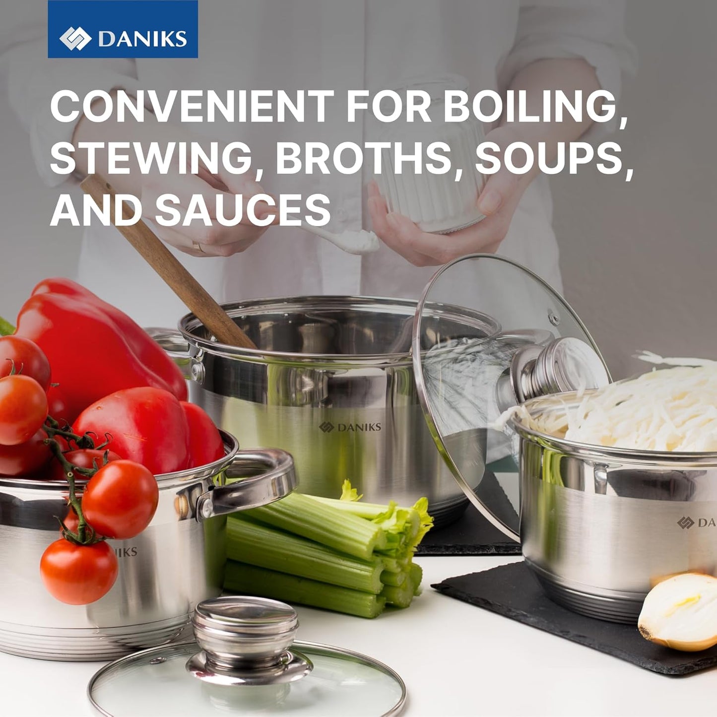 Daniks Standard 6-Piece Stainless Steel Induction Cookware Set, Dishwasher Safe Pots, Measuring Scale, Glass Lids, For Soup, Pasta, Stew, Silver