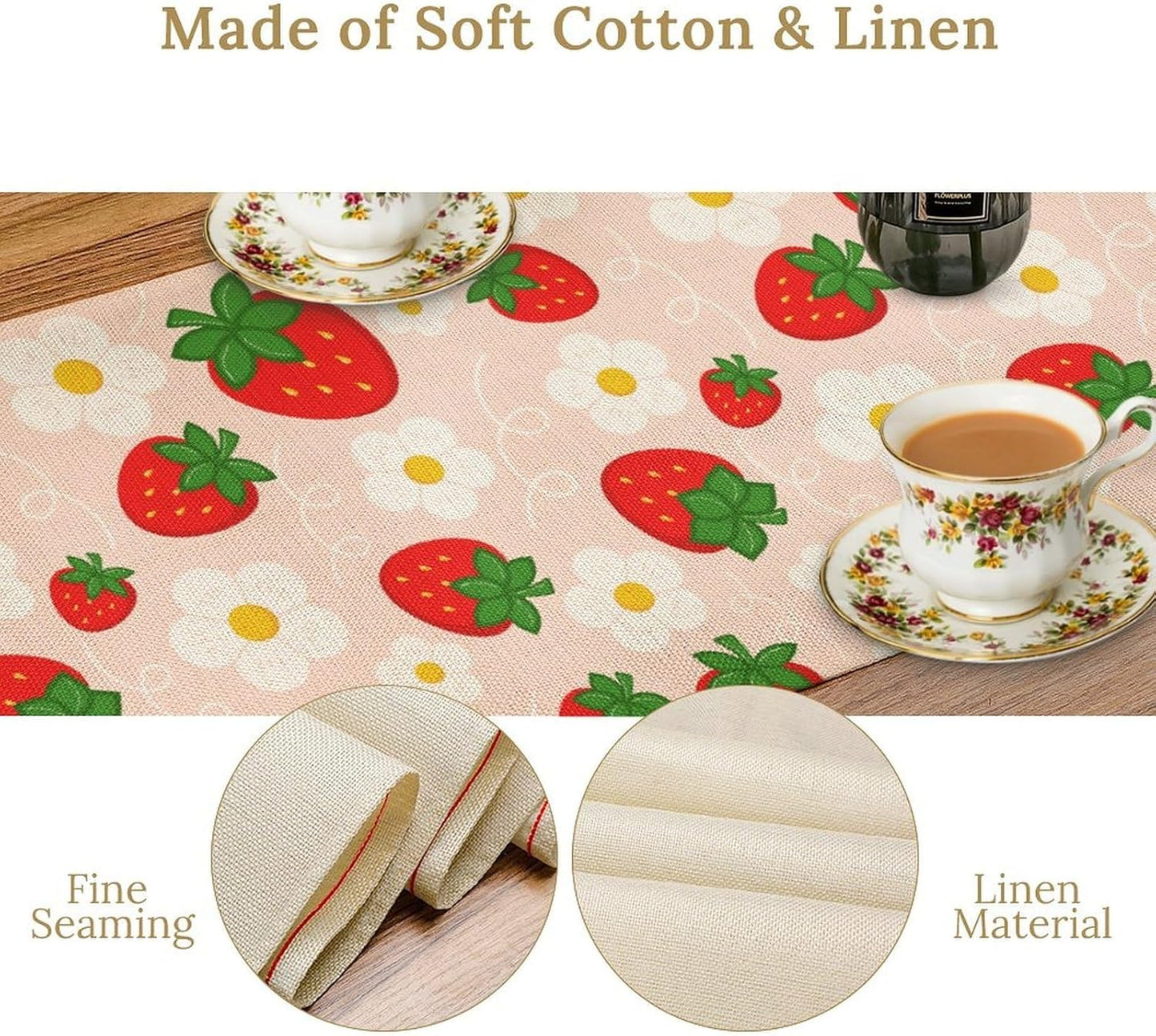 Pink Strawberry Table Runner, Spring Summer Cute Sweet Strawberry Fruits Floral Farmhouse Coffee Table Center Decor for Home Kitchen Dining Patio Holiday Party Table Decorations 13x36 inches