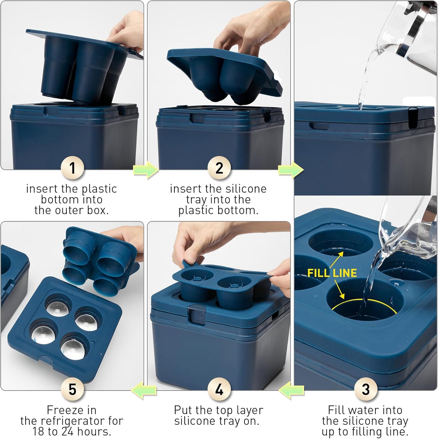 Clear Ice Ball Maker Tray - 2 Inch Ice Cube Maker Mold,4 Cavity Large Clear Ice Ball Silicone Tray, Crystal Clear Ice Sphere Maker Mold for Whiskey and Cocktail