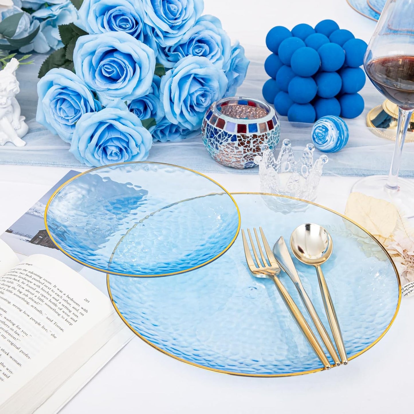 Rubtlamp 60Pcs Clear Blue Plastic Plates, Hammered Blue Plates, Clear Fancy Disposable Plates With Gold Rim Include 30 Dessert Plates, 30 Dinner Plates for Party