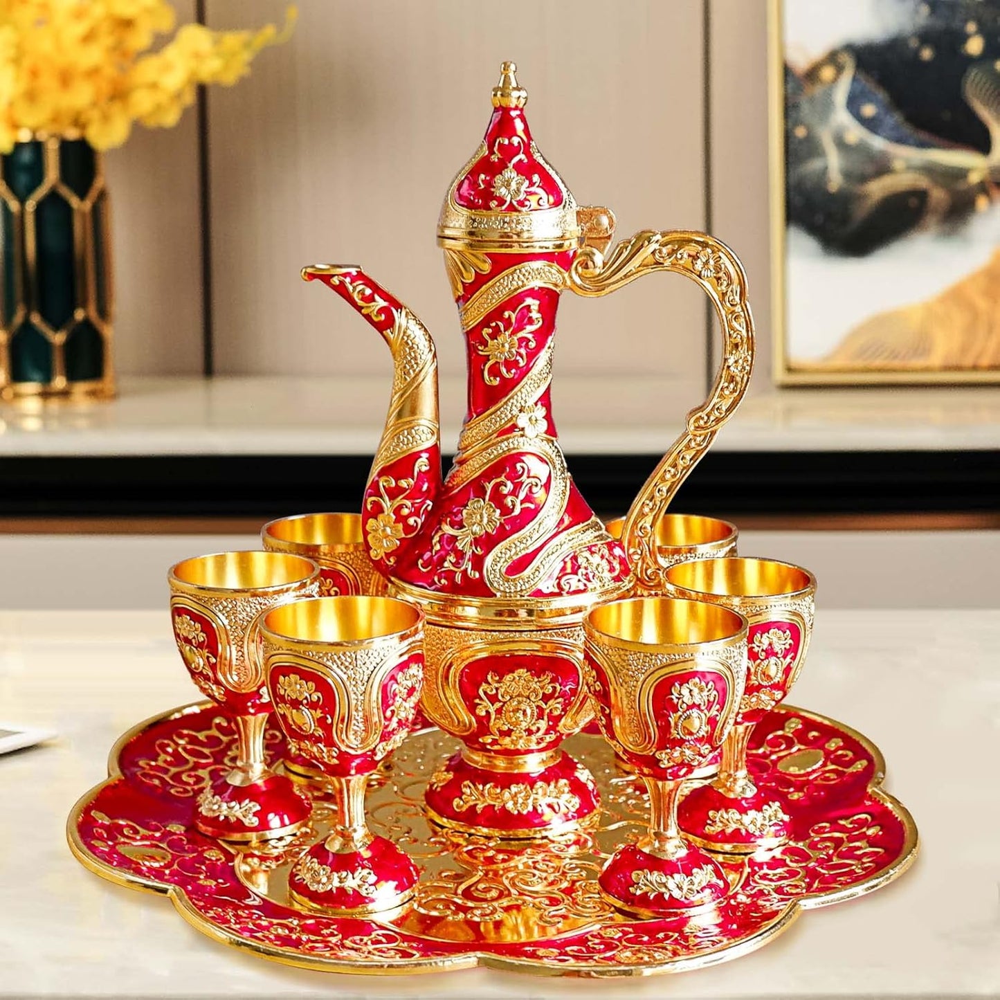 Vintage Turkish Coffee Pot and Cups Set,Tea Service Set Including Teapot,Tea Tray and Metal Cups for Wine Cabinet Decor,Wedding Ornaments (Gold and Red)