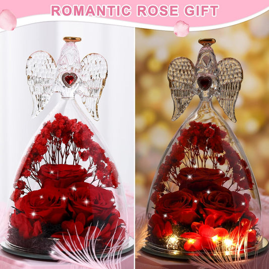 Mothers Day Rose Gifts for Women, Large Angel Figurines with Real Roses, Preserved Real Flower Rose for Her, Crystal Red