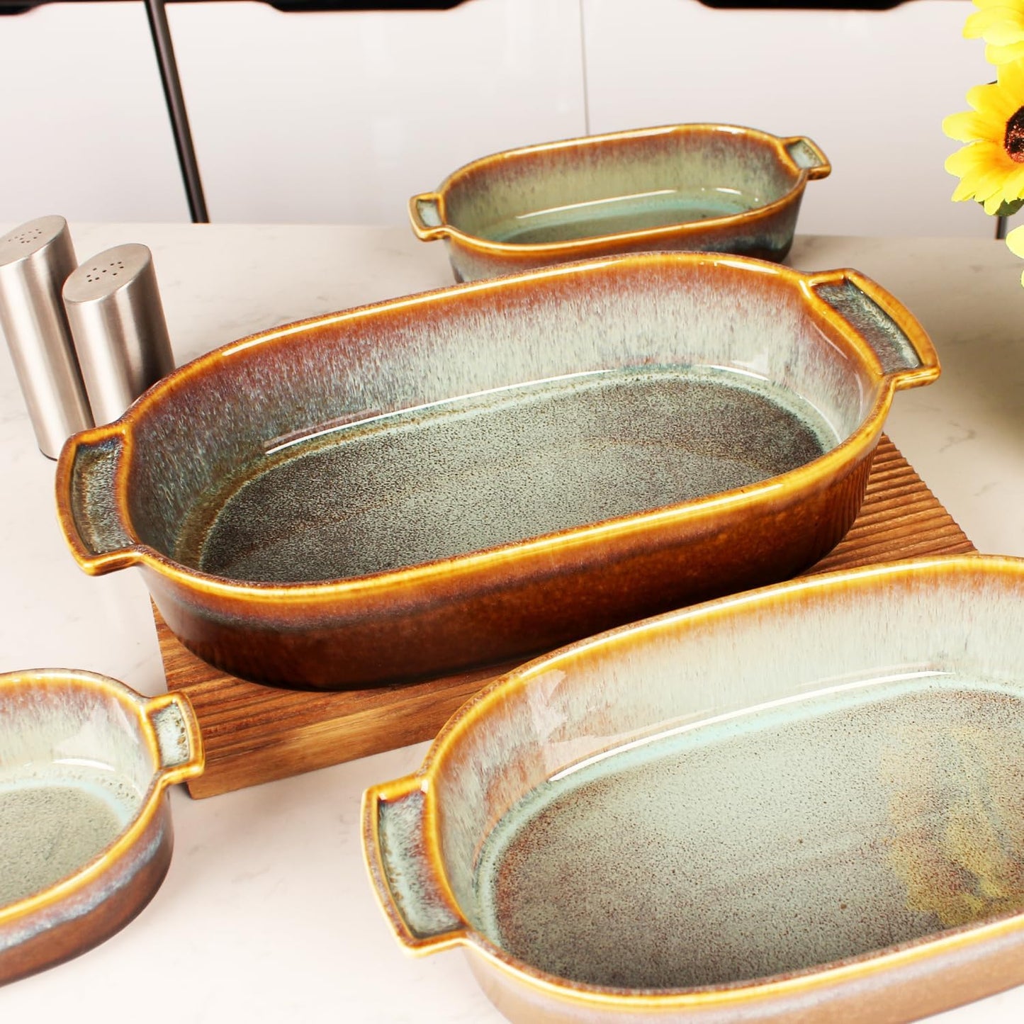 10"x6" Oval Casserole Dish, 33 oz Ceramic Au gratin Baking Dish, Baking Pan with Handles or for mixing, salad, pasta plate, Best gift for those who love baking, Microwave, Oven safe