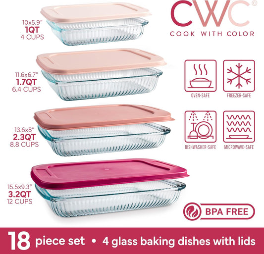COOK WITH COLOR 8-Piece Deep Glass Baking Dish Set with Plastic Lids – Casserole and Food Storage Containers for Lasagna, Leftovers – Freezer-to-Oven, Microwave & Dishwasher Safe, Fluted Rose