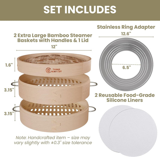 2 Tier Bamboo Steamer- 12" Baskets With Handle, Silicone Liner, Adapter, Molder Press For Cooking Vegetables Dumpling Press & Dough Cutter for Steaming Chinese Asian Food & Bao Bun, Dim Sum Potsticker