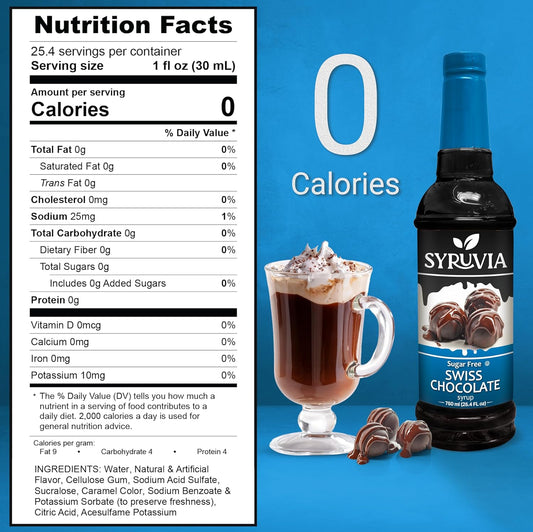 Syruvia Sugar Free Coffee Syrup, Swiss Chocolate Flavored Syrup for Drinks, Lattes, and Desserts – 25.4 fl oz