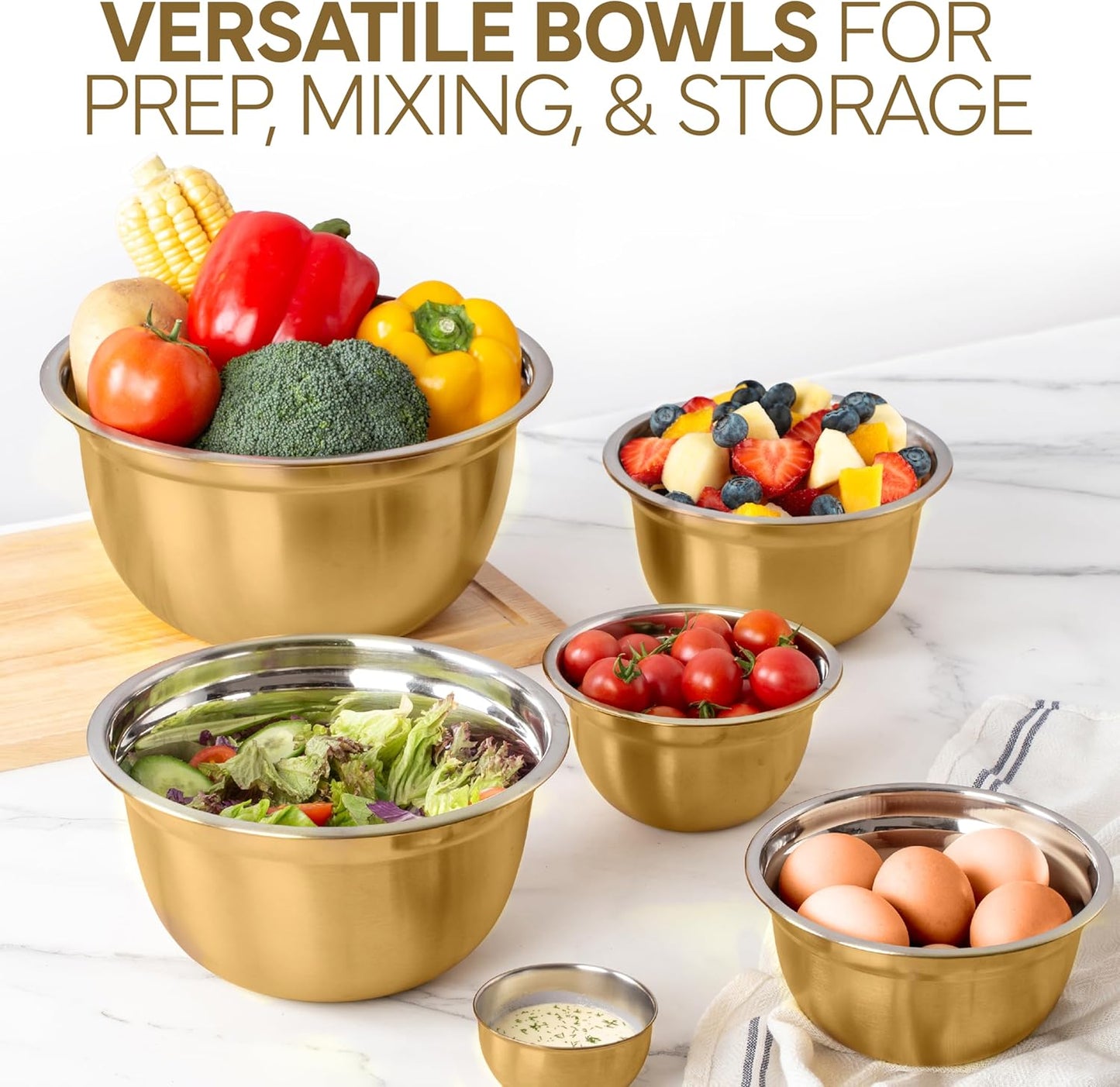 COOK WITH COLOR 18 Piece Mixing Bowls Set with Airtight Lids, Stainless Steel Bowl Organizers, Food Storage Containers, Meal Prep, Nesting Salad Bowls For Cooking, Baking, Kitchen Use, Gold