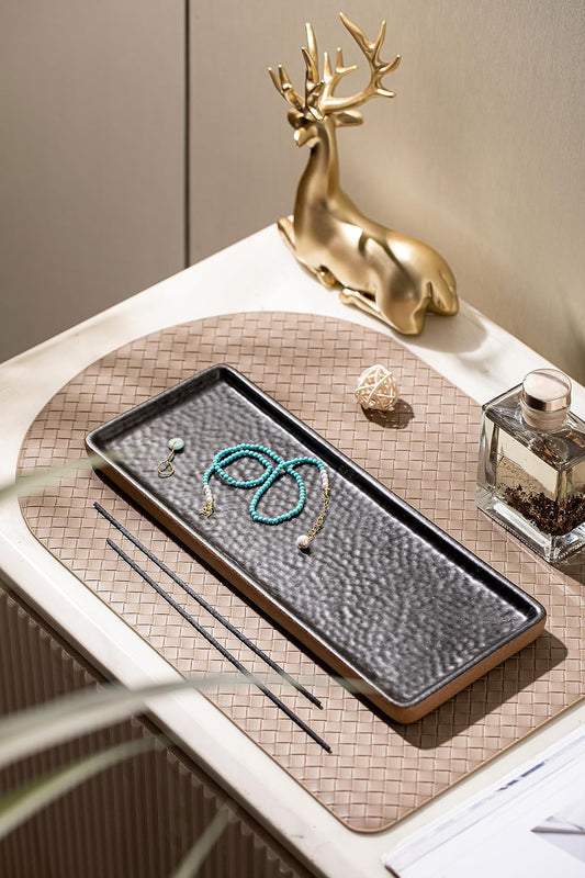 Vanity Tray with Brown Trim, Candle Tray, Bathroom Countertop Perfume Holder Organizer, Decorative for Dresser, Table, Countertop, Home décor, Rectangular, Black, 12''×4.7''