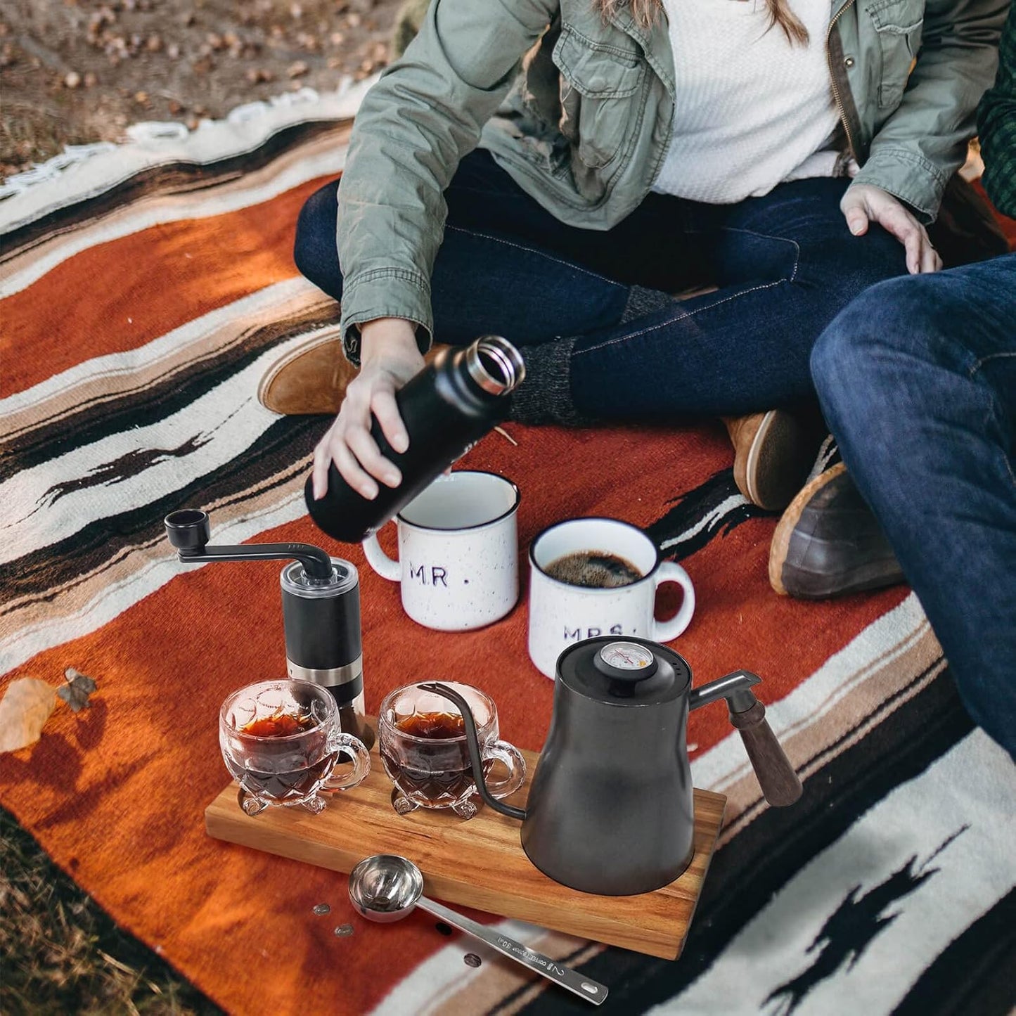 SOTECH Portable Coffee Maker Set Tea Set And Tray; Manual Grinder; Stainless Steel Scoop & 2 Glass Cups and Wooden Tray