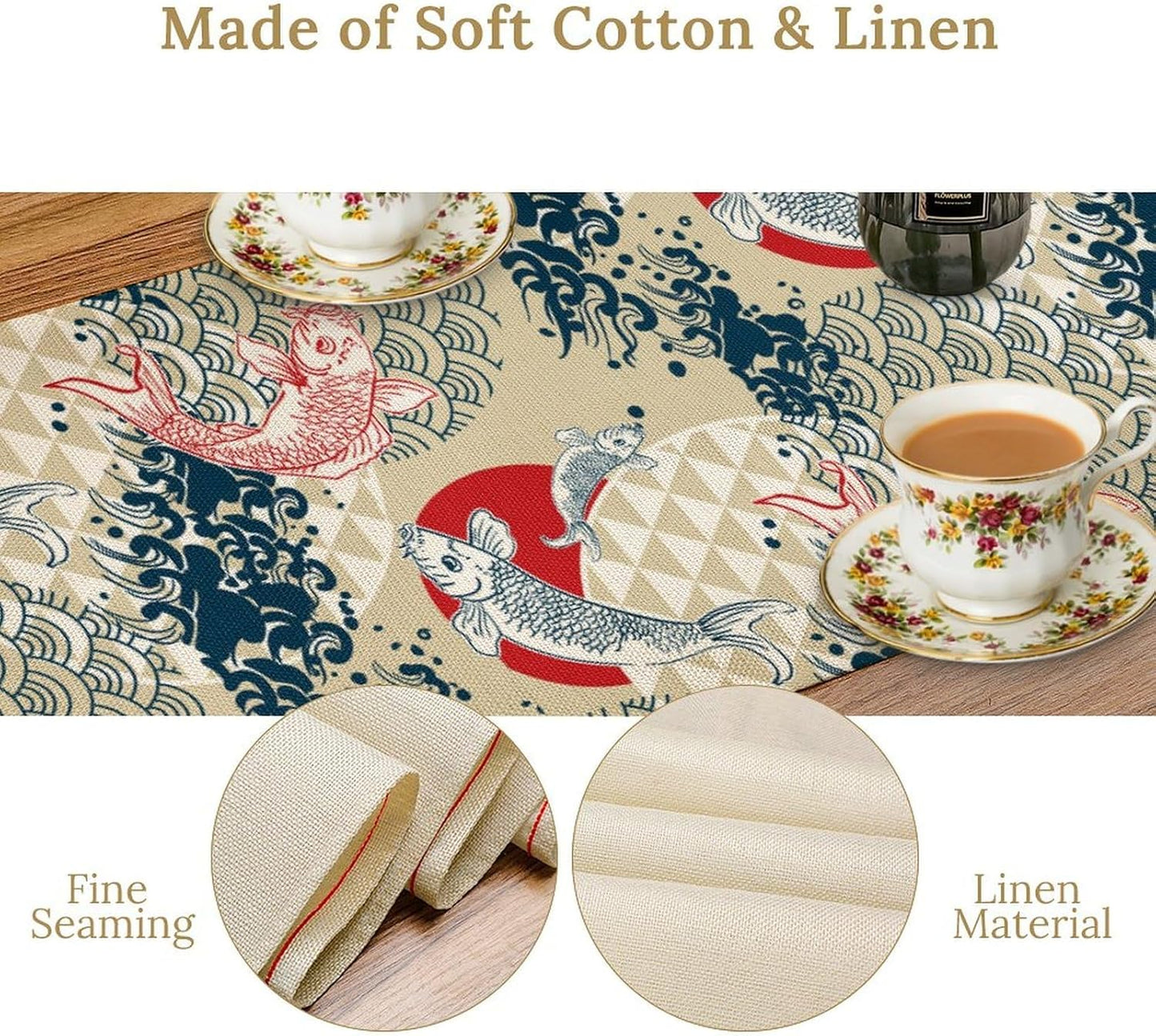 Japanese Kio Fish Table Runner, Line Art Colorful Janan Style Oriental Table Runner for Kitchen Study Living Room Home Bedroom, Gray 13x70 Inch