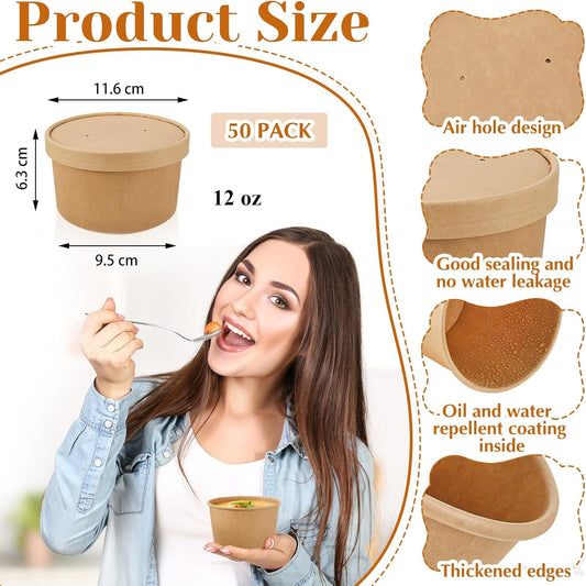 Sabary 50 Pack 12oz Paper Soup Containers with Lid Disposable Kraft Soup Food Bowl Microwavable Food Storage Ice Cream Containers Nice for Restaurants (Brown)