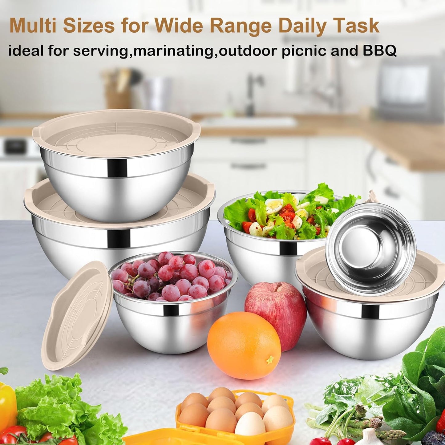 LIANYU 6 Piece Mixing Bowls with Lids Set, Size 7 & 3.5 & 2.5 & 2 & 1.5 & 1QT, Stainless Steel Cooking Serving Bowls, Metal Kitchen Nesting Bowl for Prepping & Food Storage, Dishwasher Safe, Khaki