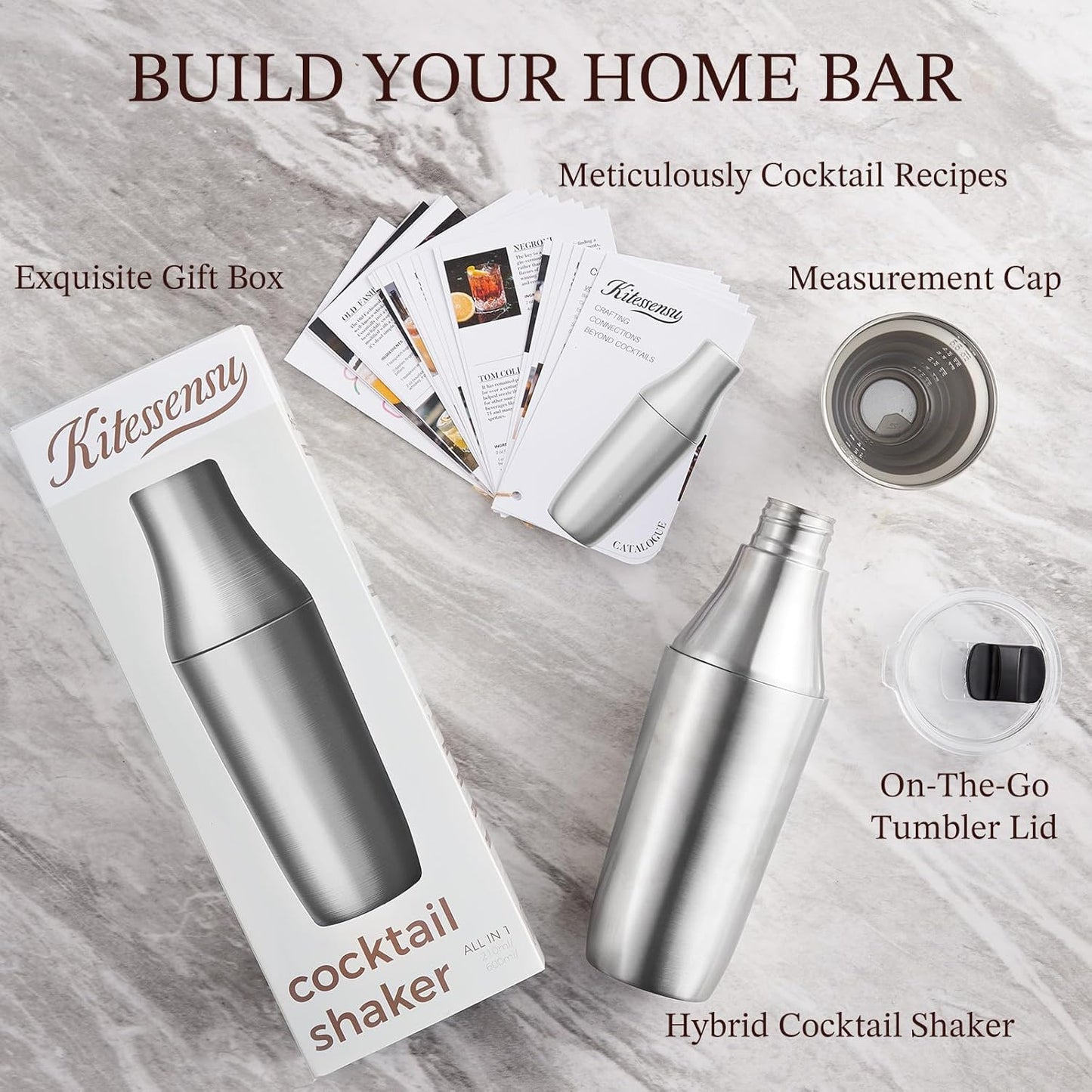 Kitessensu Hybrid Cocktail Shaker | Vacuum Insulated Stainless Steel Martini Shaker with Double Wall Martini Cup | Integrated Measuring System | Tumbler Lid & Cocktail Recipes Included | Silver