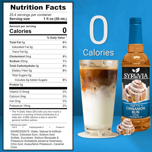 Syruvia Sugar Free Coffee Syrup, Cinnamon Bun Flavored Syrup for Drinks, Lattes, and Desserts – 25.4 fl oz