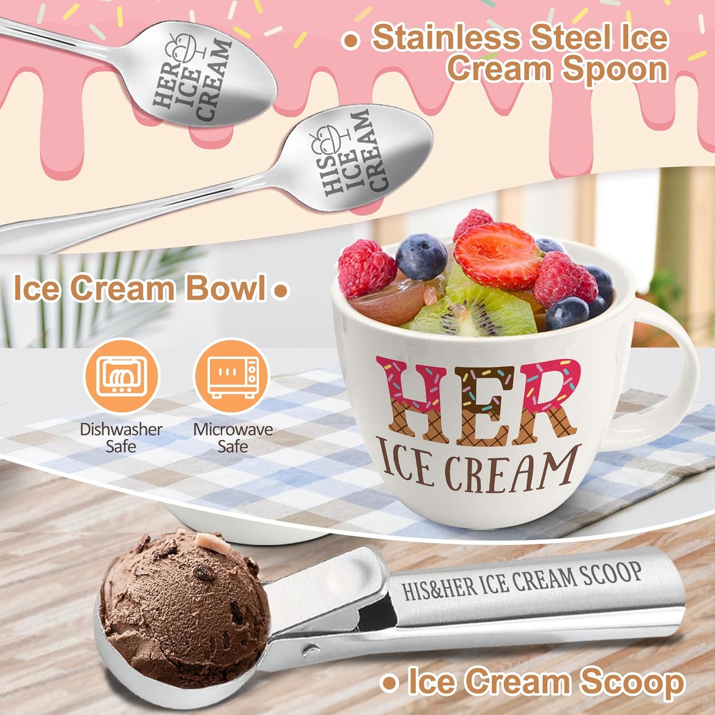 Anniversary Couple Gift Ice Cream Bowls and Spoon Scoop Set, His and Hers Gifts, Mothers Day Couples His Her Ice Cream Accessories Bowl Present, Unique Wedding Gift 2025 for Friends