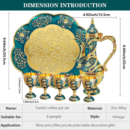 Vintage Turkish Coffee Pot and Cups Set,Tea Service Set Including Teapot,Tea Tray and Metal Cups for Wine Cabinet Decor,Wedding Ornaments (Gold and Blue)