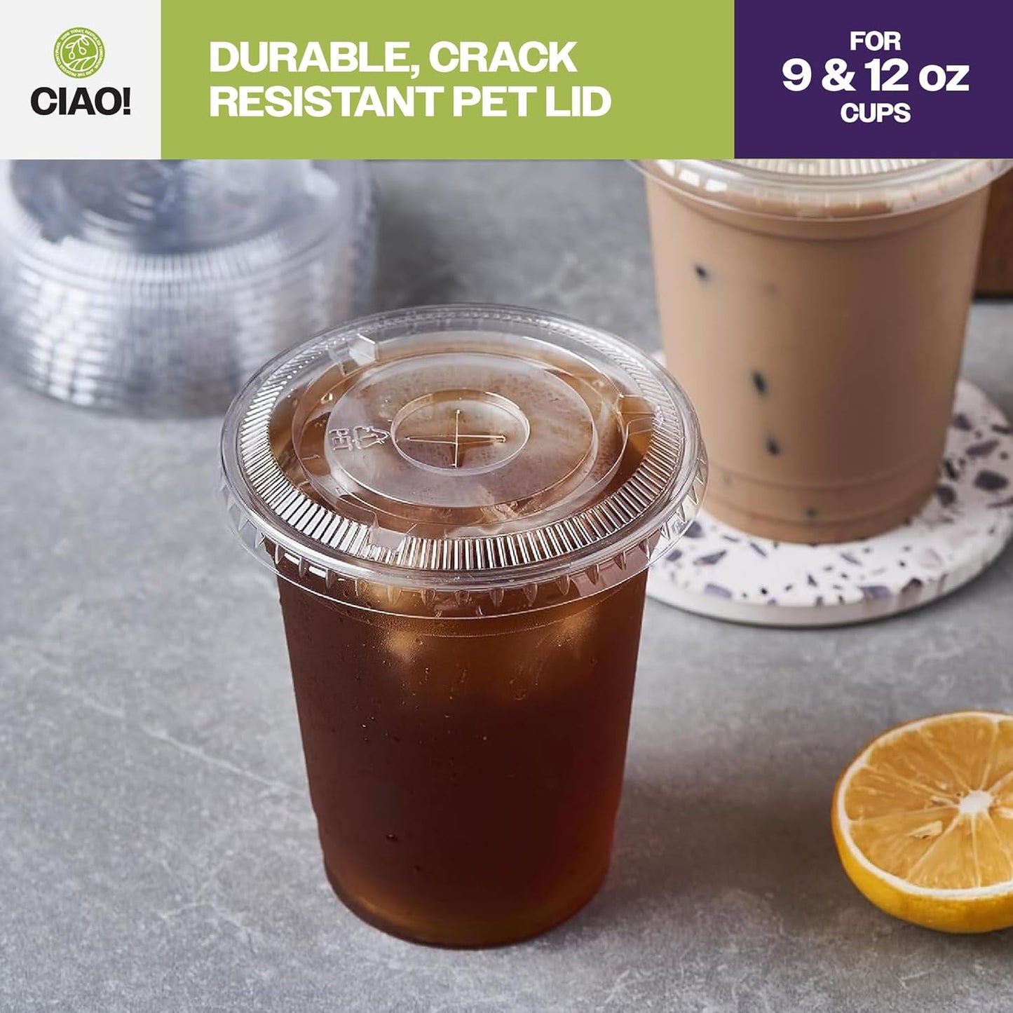 CIAO! PET Flat Lid with Straw Slot, Designed and Fit for 9OZ/12OZ PET Cold Drink Cups Only, 92mm (Case of 1,000)